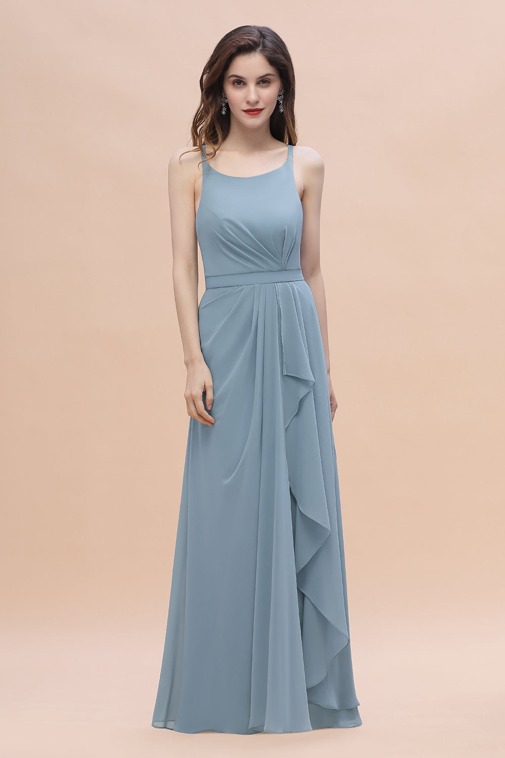 Gorgeous A-Line Straps Dusty Blue Chiffon Bridesmaid Dress with Ruffles On Sale-27dress