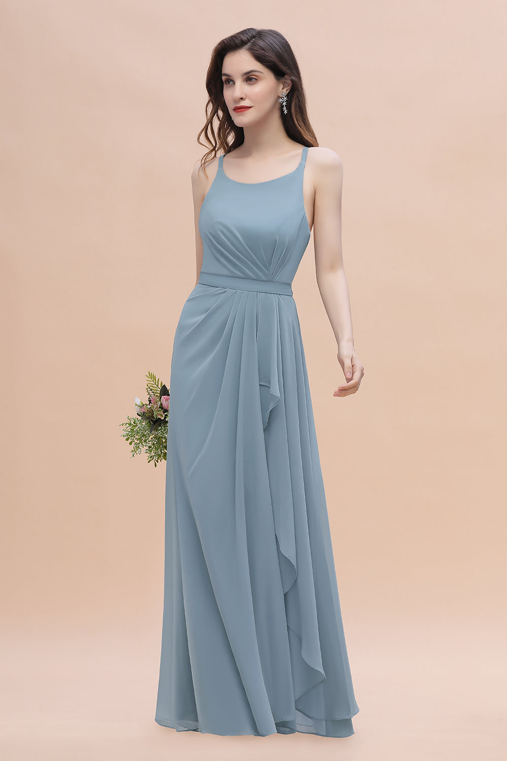 Gorgeous A-Line Straps Dusty Blue Chiffon Bridesmaid Dress with Ruffles On Sale-27dress