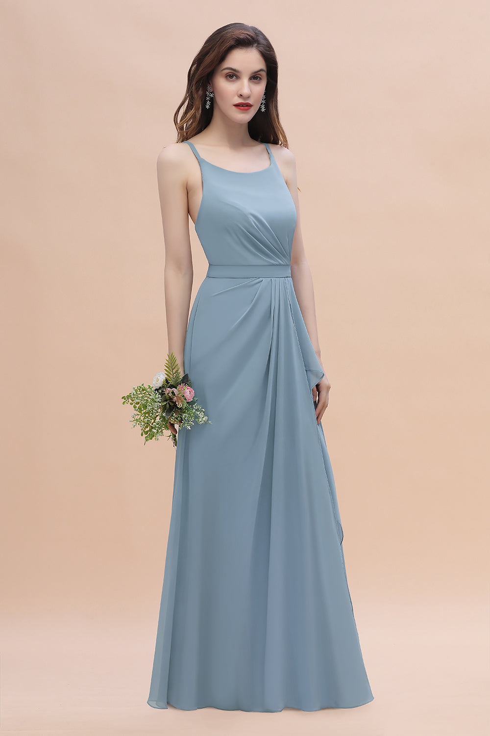 Gorgeous A-Line Straps Dusty Blue Chiffon Bridesmaid Dress with Ruffles On Sale-27dress