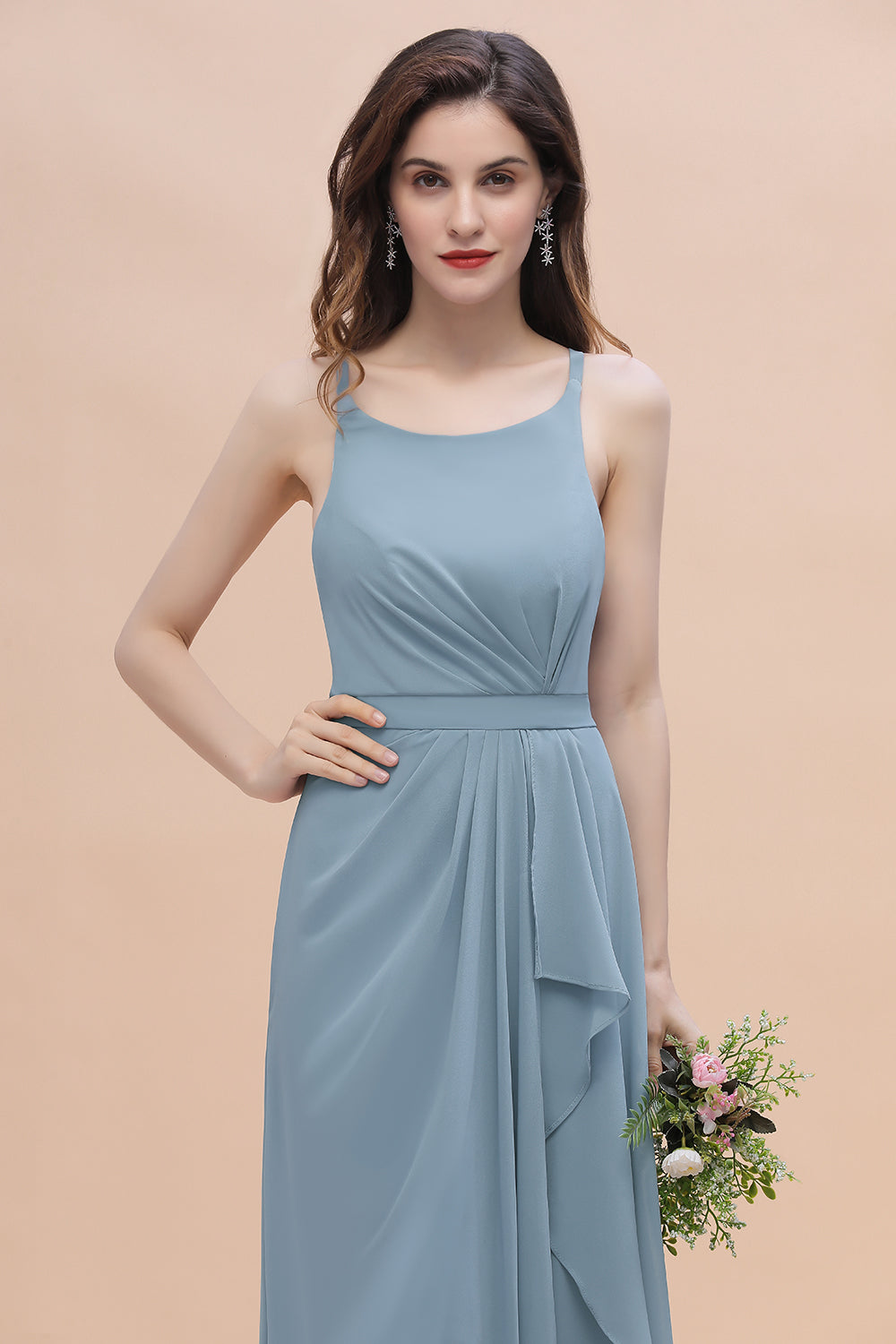 Gorgeous A-Line Straps Dusty Blue Chiffon Bridesmaid Dress with Ruffles On Sale-27dress