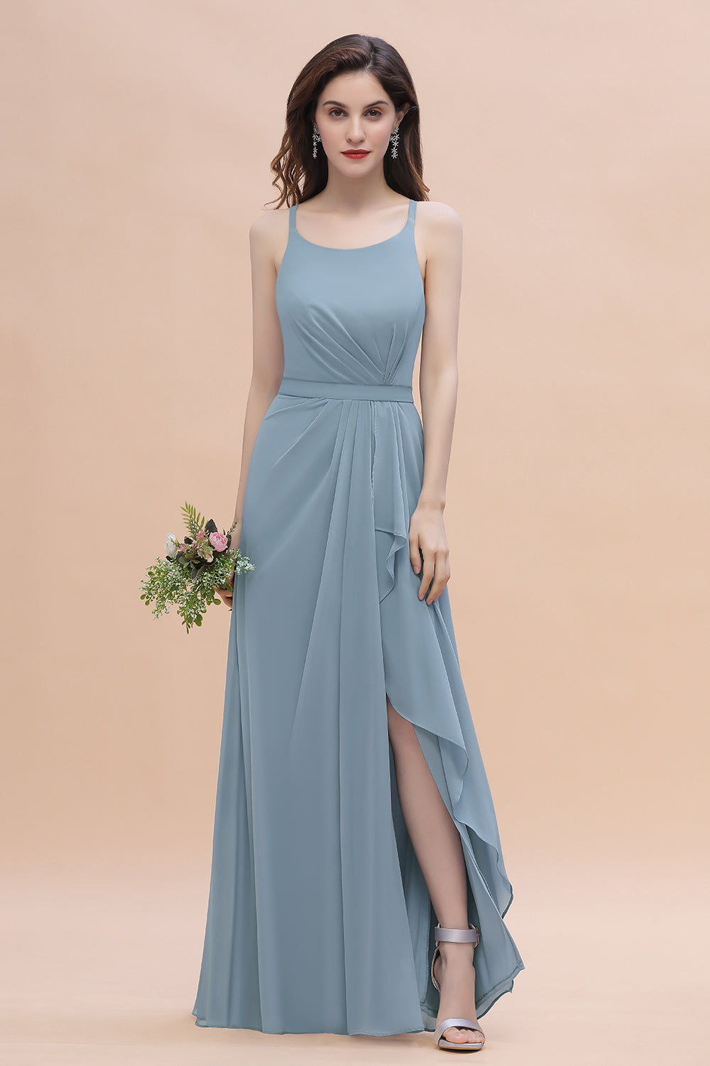 Gorgeous A-Line Straps Dusty Blue Chiffon Bridesmaid Dress with Ruffles On Sale-27dress