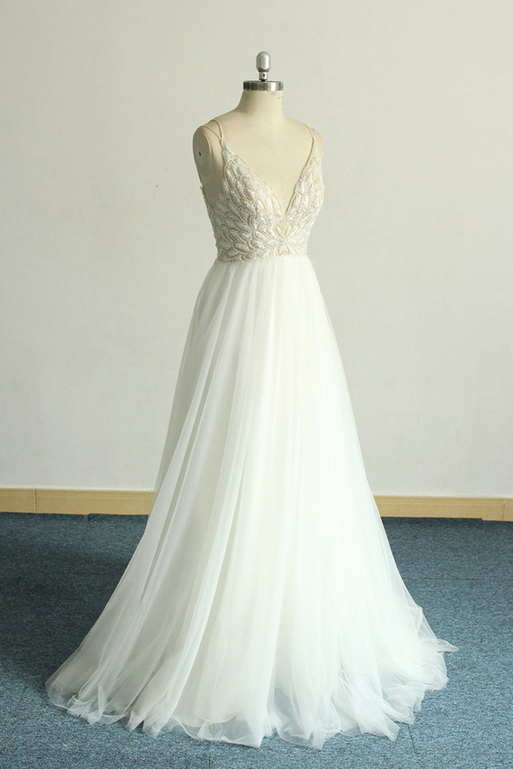 Gorgeous A-line White Lace Tulle Wedding Dress Sleeveless Appliques Bridal Gowns On Sale-27dress