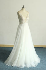 Gorgeous A-line White Lace Tulle Wedding Dress Sleeveless Appliques Bridal Gowns On Sale-27dress