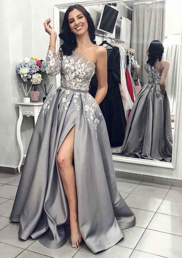 Gorgeous A-line/Princess V Neck Satin Prom Dress With Split and Appliqued Waistband-27dress