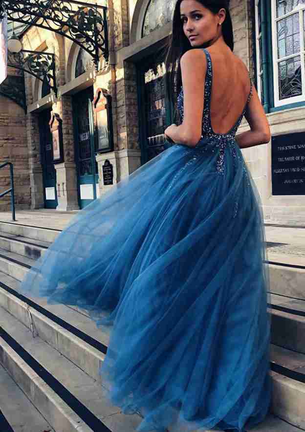 Gorgeous A-line/Princess V Neck Sleeveless Long/Floor-Length Tulle Prom Dress With Beading Appliqued-27dress