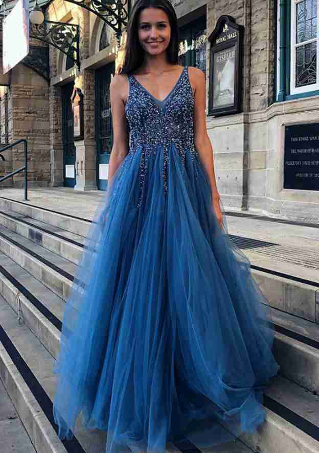 Gorgeous A-line/Princess V Neck Sleeveless Long/Floor-Length Tulle Prom Dress With Beading Appliqued-27dress