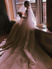 Gorgeous Ball Gown Scoop Neck Satin Court Train Wedding Dress