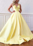 Gorgeous Ball Gown V Neck Sleeveless Satin Sweep Train Prom Dress-27dress