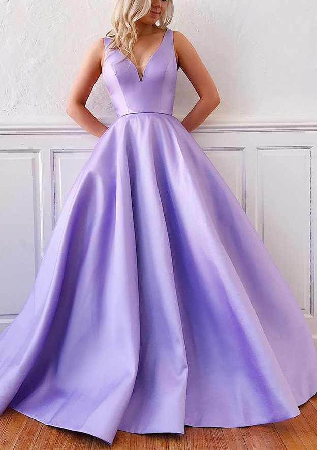 Gorgeous Ball Gown V Neck Sleeveless Satin Sweep Train Prom Dress-27dress