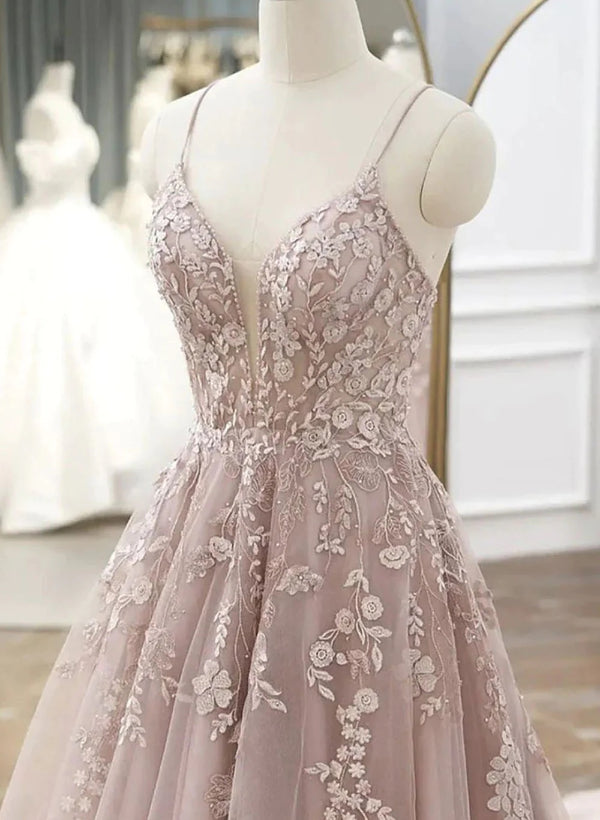 Gorgeous Ball-Gown V-neck Sleeveless Tulle Prom Dress With Sweep Train and Lace-27dress