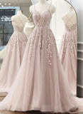 Gorgeous Ball-Gown V-neck Sleeveless Tulle Prom Dress With Sweep Train and Lace-27dress