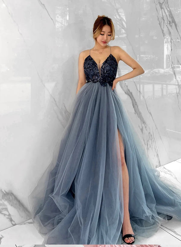 Gorgeous Ball-Gown V-Neck Tulle Sleeveless Prom Dress-27dress