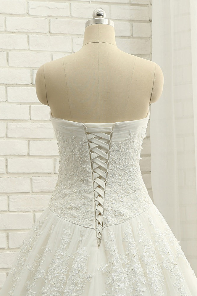 Gorgeous Bateau White Tulle Wedding Dresses A line Ruffles Lace Bridal Gowns With Appliques Online-27dress