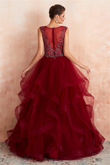 Gorgeous Beading Burgundy Prom Dress with Cascading Ruffles