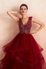 Gorgeous Beading Burgundy Prom Dress with Cascading Ruffles