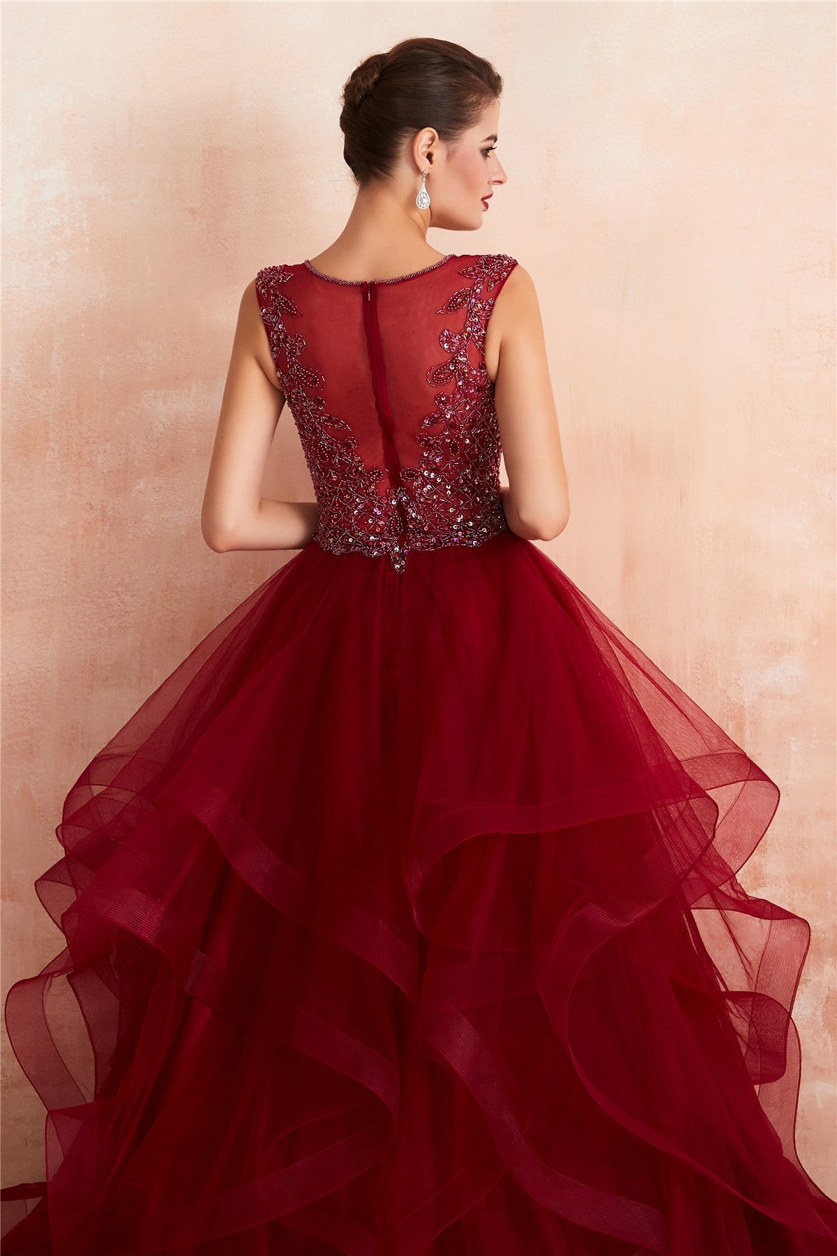 Gorgeous Beading Burgundy Prom Dress with Cascading Ruffles