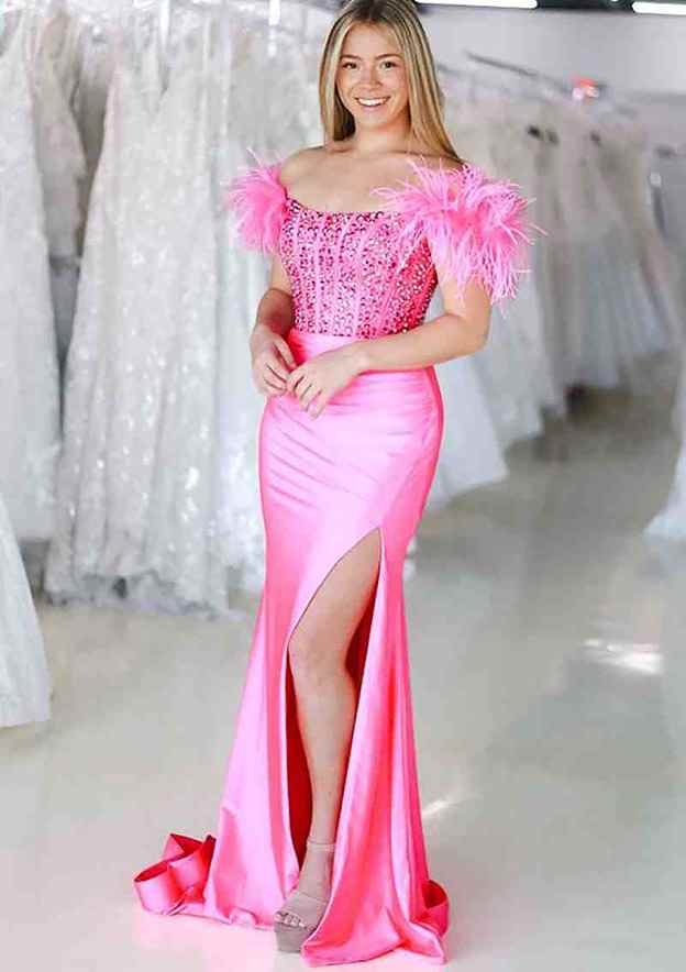 Gorgeous Charmeuse Prom Dress With Feather Pleated Sequins and Sheath/Column Sweep Train Square Neckline Sleeveless Design-27dress