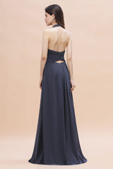 Gorgeous Halter Chiffon Ruffles Bridesmaid Dress with Front Slit Online-27dress