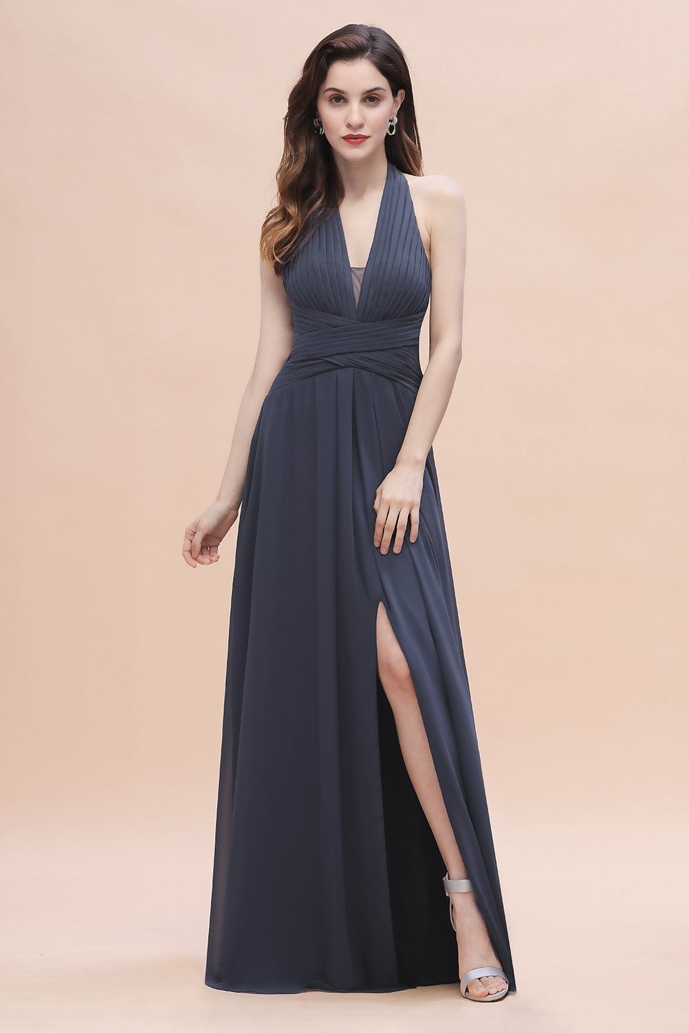 Gorgeous Halter Chiffon Ruffles Bridesmaid Dress with Front Slit Online-27dress