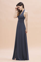 Gorgeous Halter Chiffon Ruffles Bridesmaid Dress with Front Slit Online-27dress