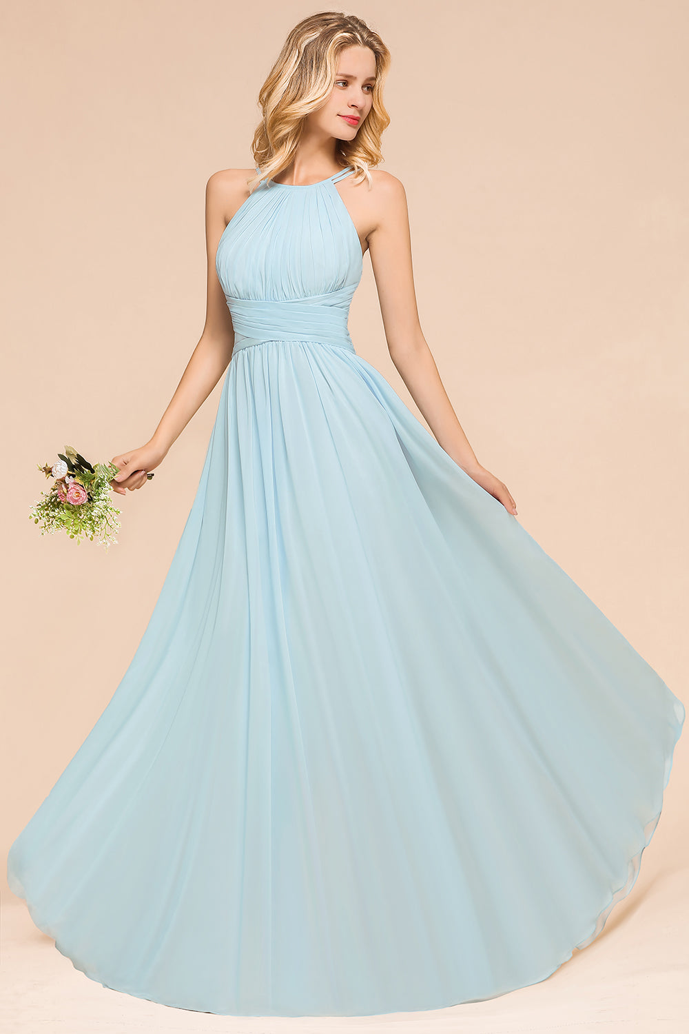 Gorgeous Halter Ruffle Sky Blue Affordable Bridesmaid Dress-27dress