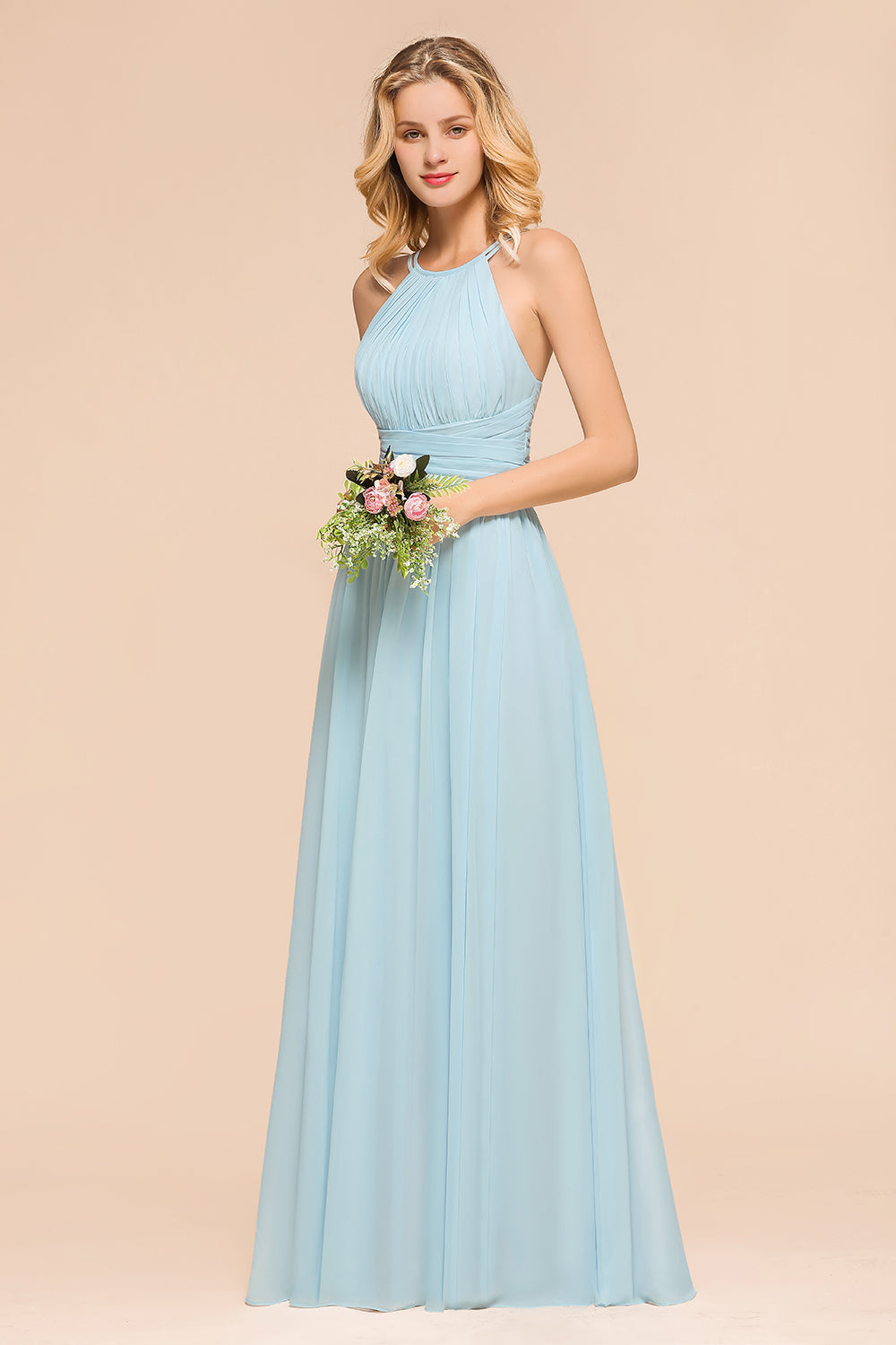 Gorgeous Halter Ruffle Sky Blue Affordable Bridesmaid Dress-27dress