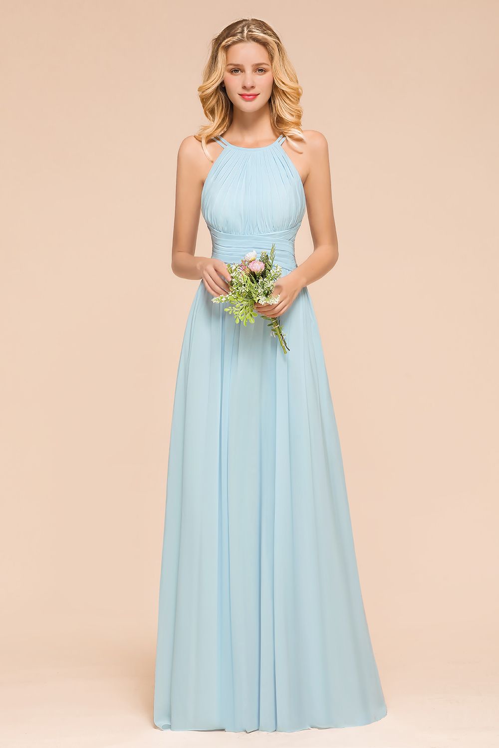 Gorgeous Halter Ruffle Sky Blue Affordable Bridesmaid Dress-27dress