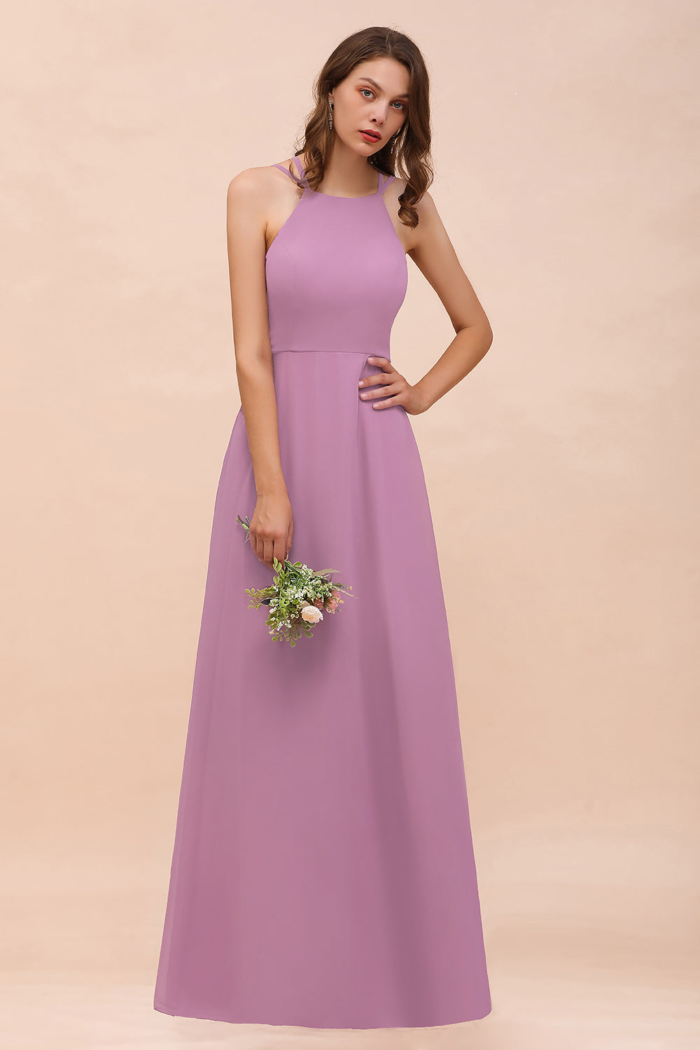 Gorgeous Halter Wisteria Chiffon Bridesmaid Dresses with Draped Back-27dress