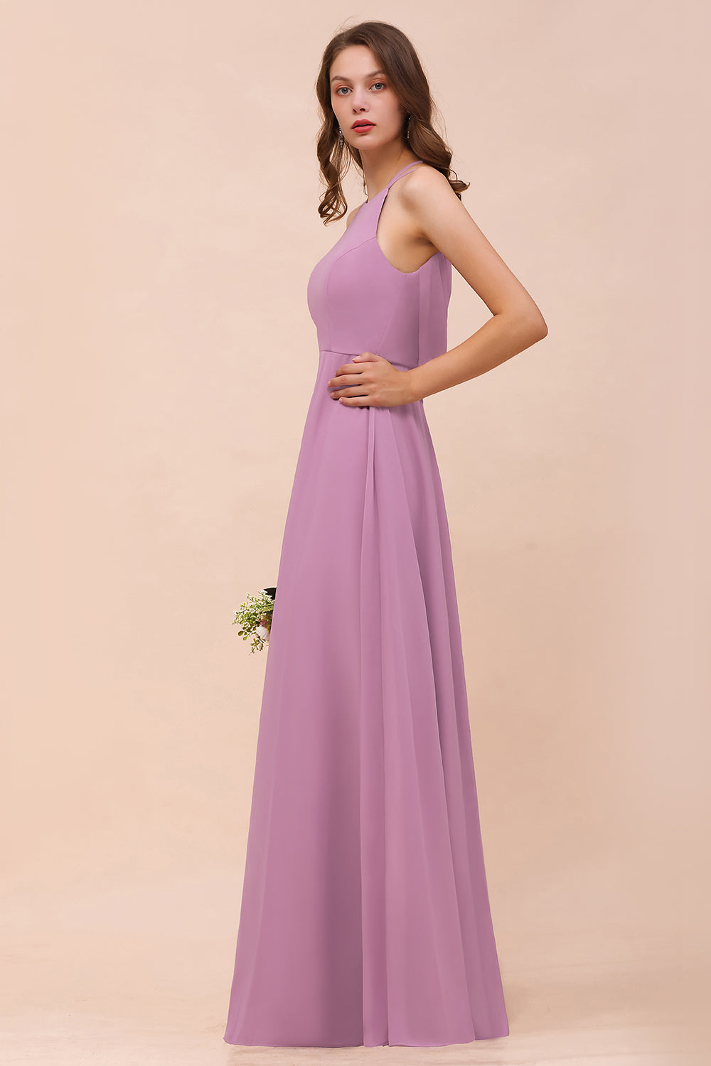 Gorgeous Halter Wisteria Chiffon Bridesmaid Dresses with Draped Back-27dress