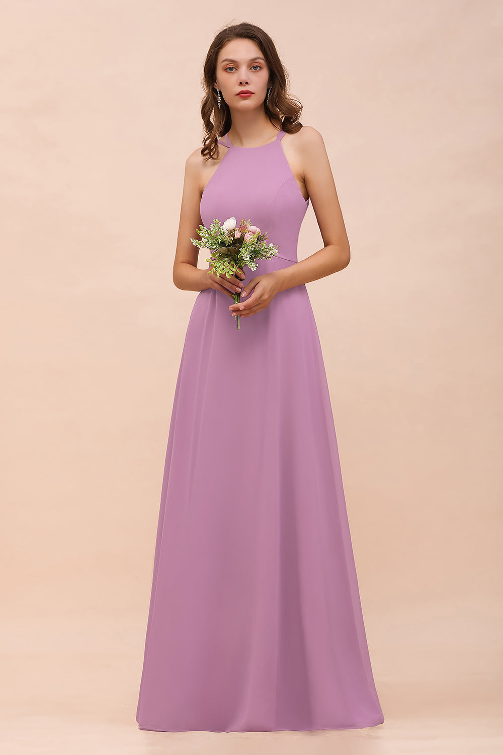 Gorgeous Halter Wisteria Chiffon Bridesmaid Dresses with Draped Back-27dress