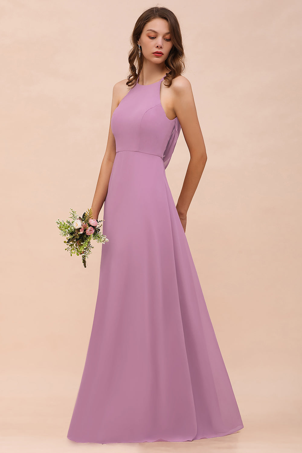 Gorgeous Halter Wisteria Chiffon Bridesmaid Dresses with Draped Back-27dress