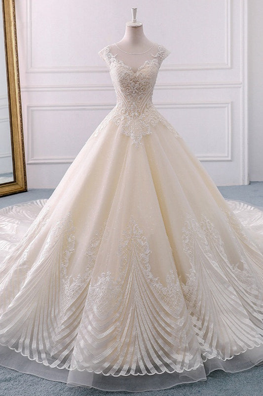 Gorgeous Jewel Lace Appliques Wedding Dress Sleeveless Beadings Bridal Gowns with Sequins Online-27dress
