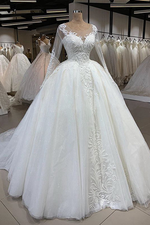 Gorgeous Jewel Longsleeves Lace Wedding Dresses A-line Tulle Ruffles Bridal Gowns With Appliques Online-27dress