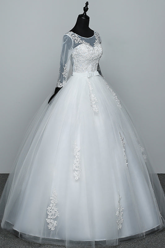 Gorgeous Jewel Tulle Lace White Wedding Dresses 3/4 Sleeves Appliques Bridal Gowns On Sale-27dress