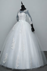 Gorgeous Jewel Tulle Lace White Wedding Dresses 3/4 Sleeves Appliques Bridal Gowns On Sale-27dress