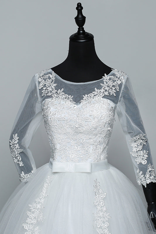 Gorgeous Jewel Tulle Lace White Wedding Dresses 3/4 Sleeves Appliques Bridal Gowns On Sale-27dress