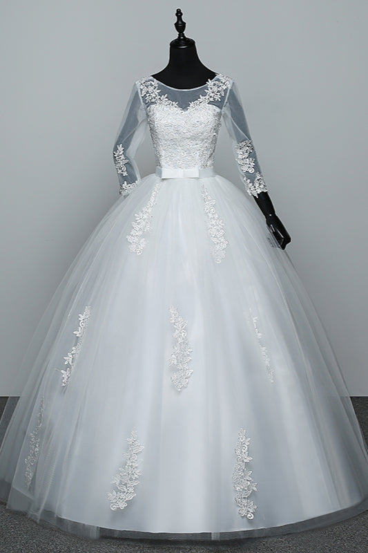 Gorgeous Jewel Tulle Lace White Wedding Dresses 3/4 Sleeves Appliques Bridal Gowns On Sale-27dress