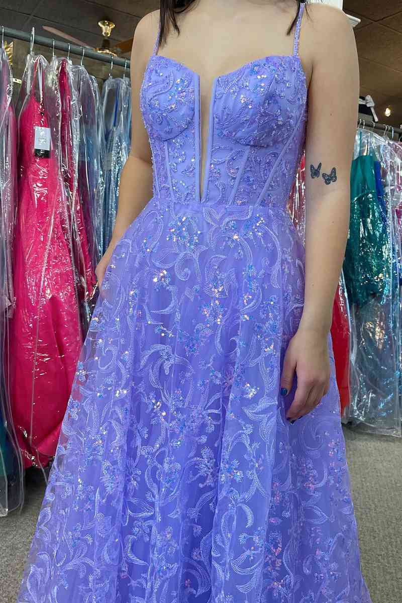 Gorgeous Lavender Straps Embroidery Long Prom Dress