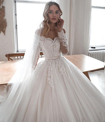 Gorgeous Long Ball Gowns Lace Tulle Wedding Dresses with Sleeves-27Dress