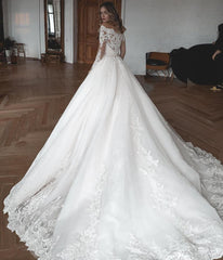 Gorgeous Long Ball Gowns Lace Tulle Wedding Dresses with Sleeves-27Dress