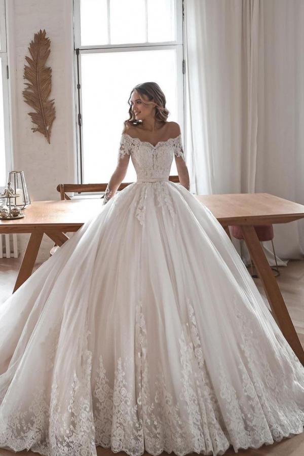 Gorgeous Long Ball Gowns Lace Tulle Wedding Dresses with Sleeves-27Dress