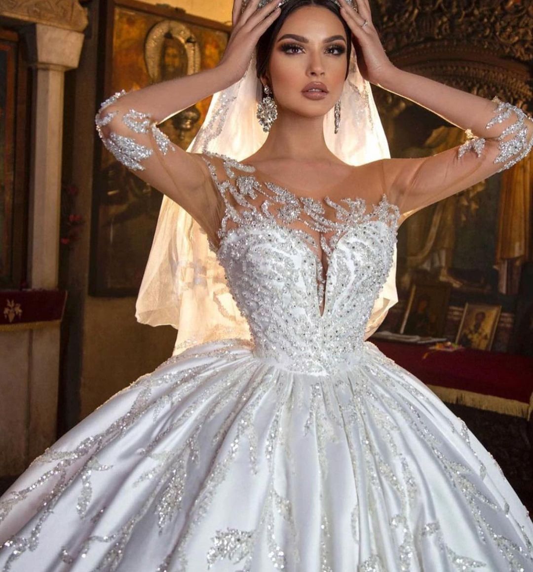 Gorgeous Long Princess Sweetheart Satin Wedding Dress with Sleeves-27Dress