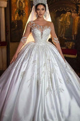 Gorgeous Long Princess Sweetheart Satin Wedding Dress with Sleeves-27Dress