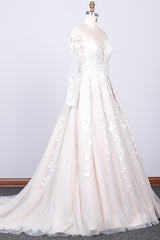 Gorgeous Longsleeves Jewel A-line Wedding Dresses White Appliques Lace Bridal Gowns On Sale-27dress