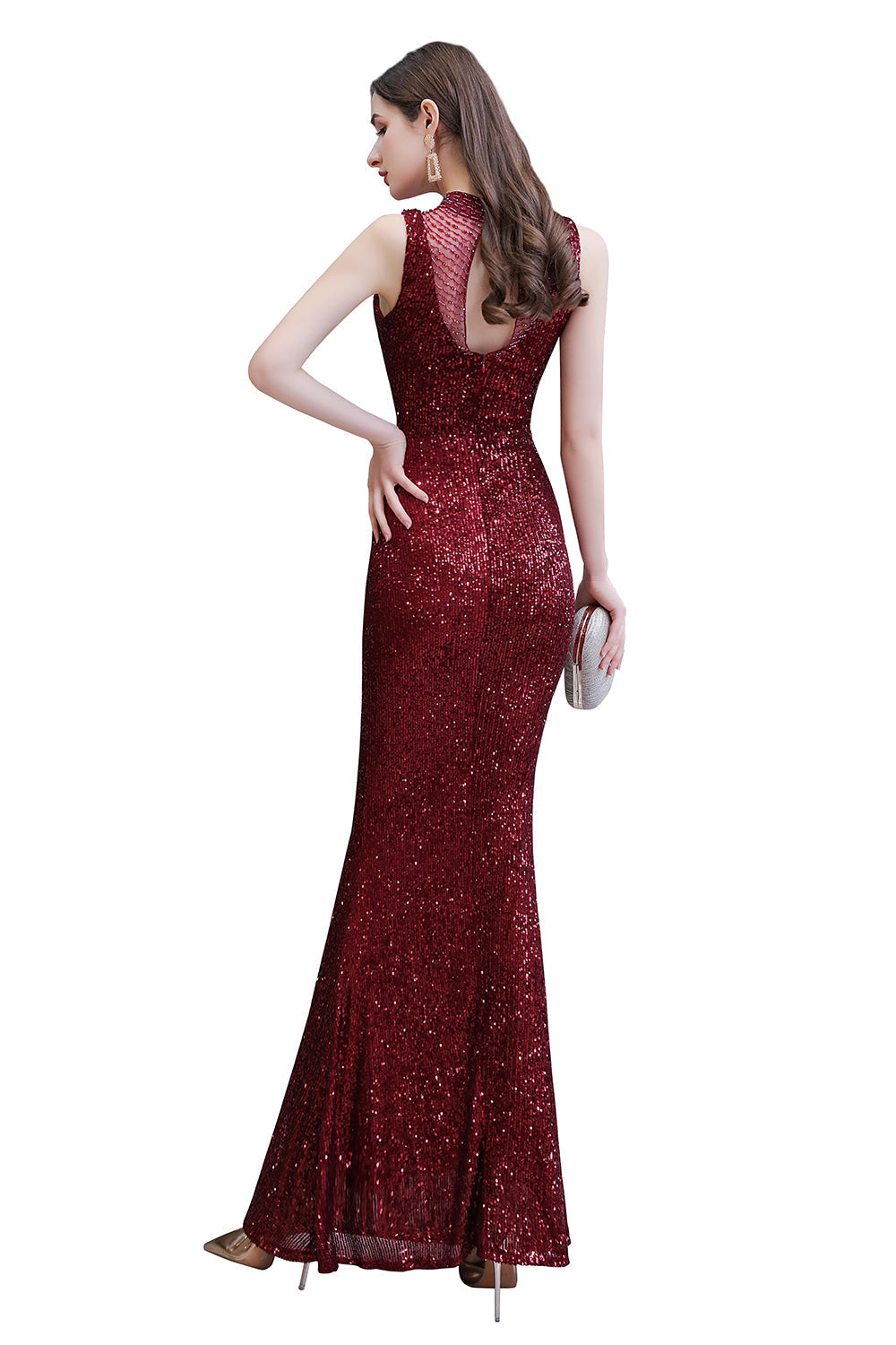 Gorgeous Mermaid Burgundy Sequins Long Prom Dress-27dress