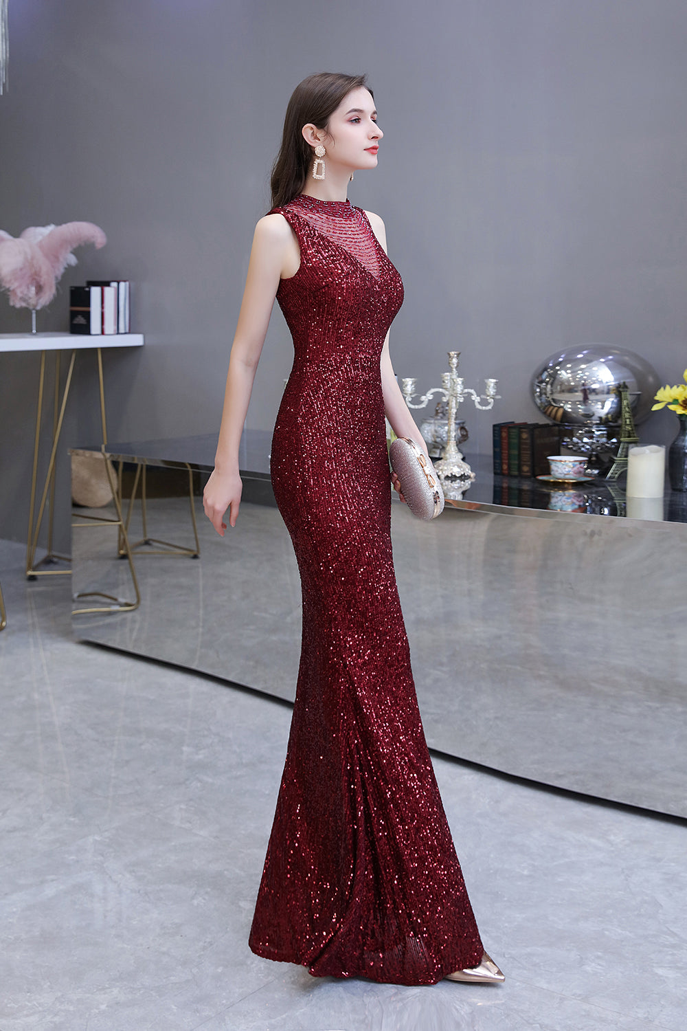 Gorgeous Mermaid Burgundy Sequins Long Prom Dress-27dress