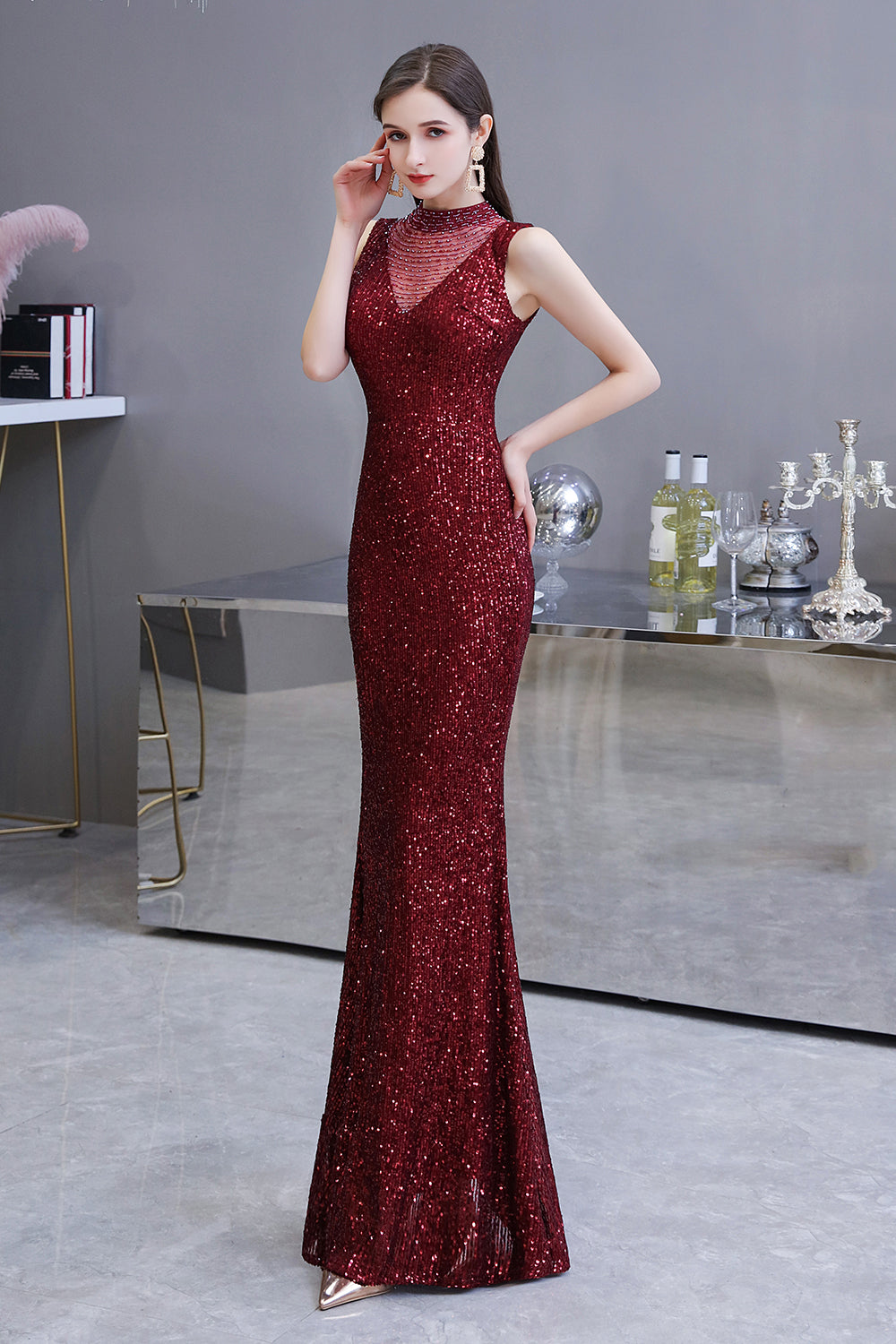 Gorgeous Mermaid Burgundy Sequins Long Prom Dress-27dress