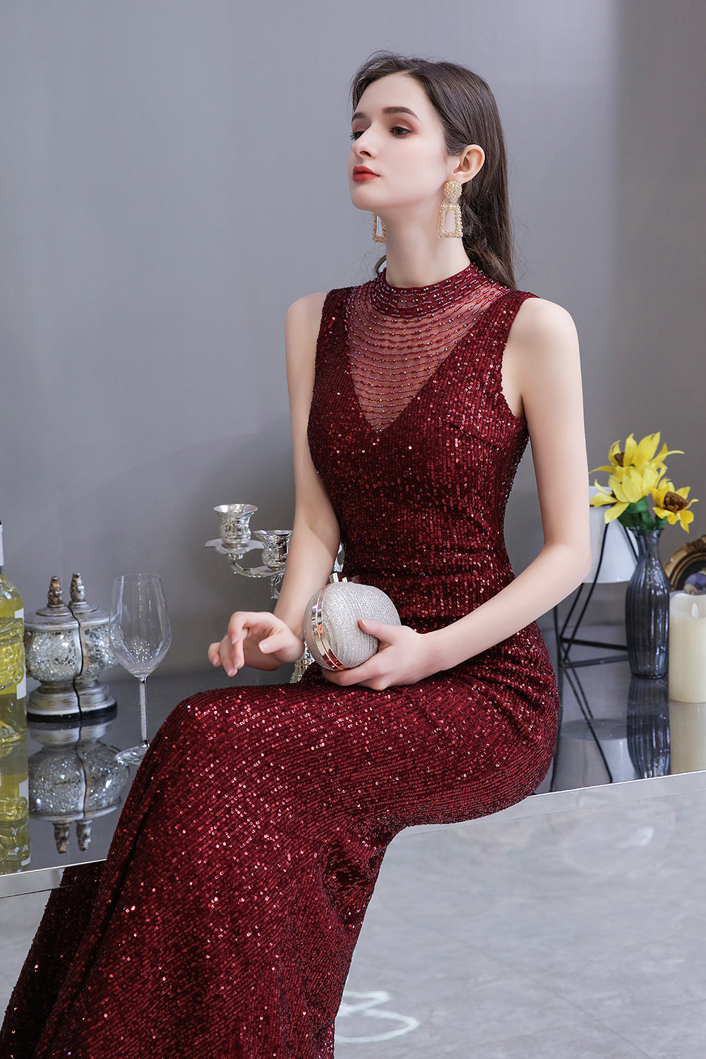 Gorgeous Mermaid Burgundy Sequins Long Prom Dress-27dress