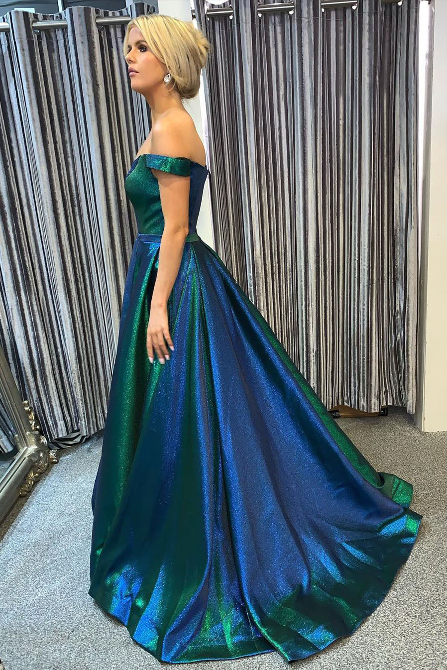 Gorgeous Off the Shoulder Blue and Green Long Prom Dress