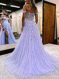 Gorgeous Off-the-shoulder Lace Glitter Tulle Prom Ball Gown with Sweep Train